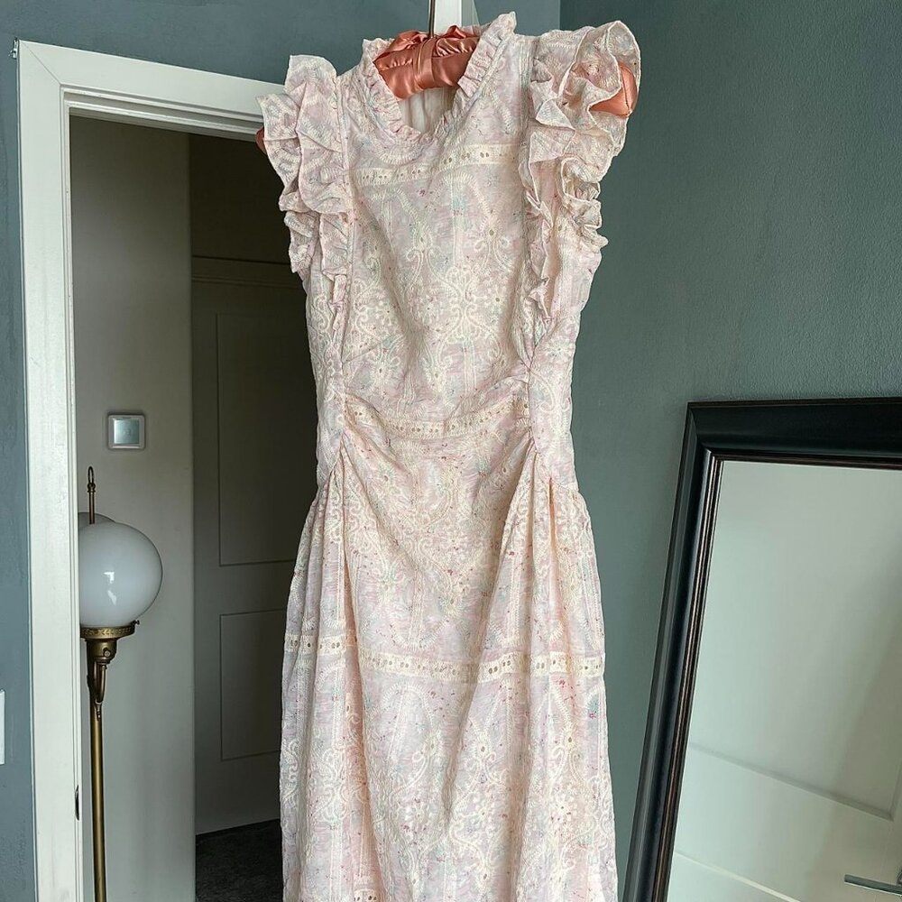 Vintage Victorian style embroidered ruffle sleeves Pink lace midi dress